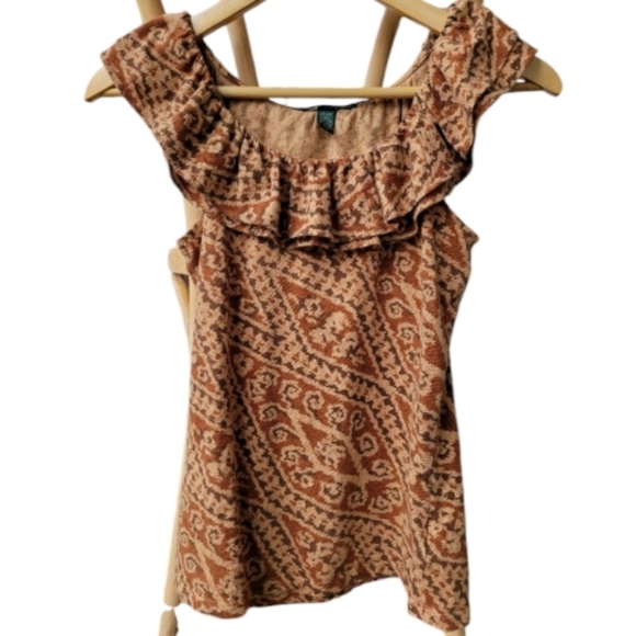 Lauren Ralph Lauren Tops - Lauren Ralph Lauren - Tanned Brown Patterned - Cotton Ruffle Shirt